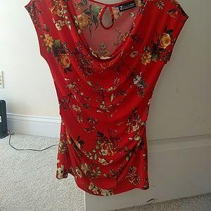 Asian print, Red blous, draped neck, shirred sides